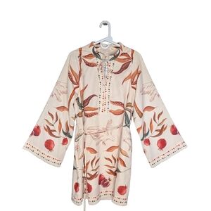 Ciebon Mariam Print Long Bell Sleeve Dress Bird Fruit Short Pink Size XS